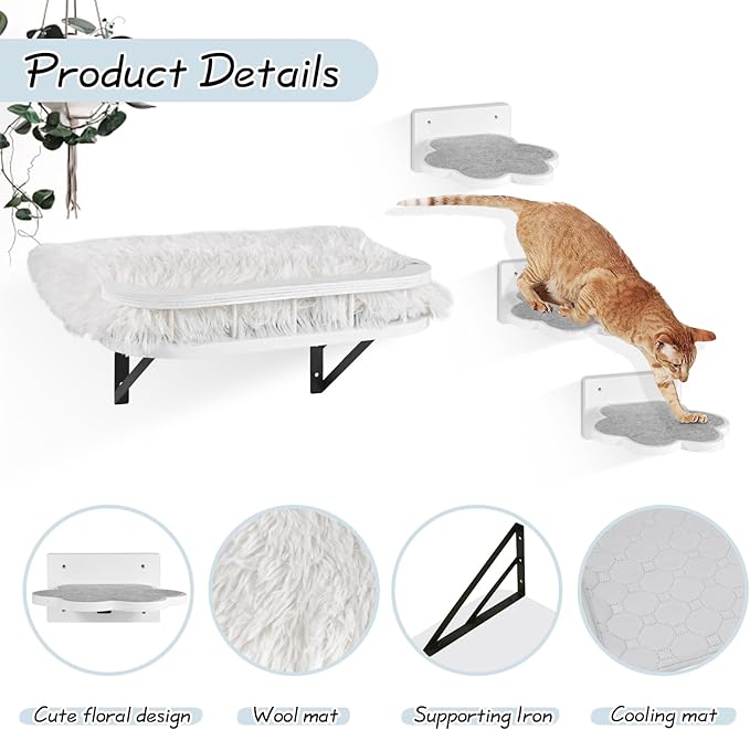 Cat Wall Shelves with Cooling Mat and Plush Cushion, Cat Shelves and Perches for Wall with 3 Wall Steps, Cat Wall Furniture Cat Climbing Shelf Cat Scratching Post for Sleeping, Playing, Gift for Cat