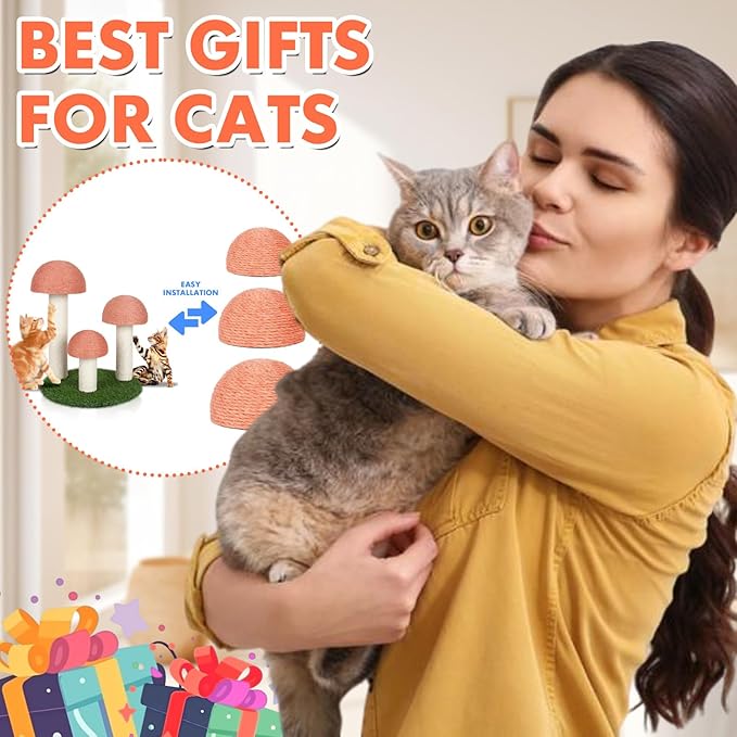 PowerKing Mushroom Cat Scratching Head Replacement - Natural Sisal Refill Parts with M8 Screws - Durable, Safe, and Decorative - Fits Most Scratching Posts Refurbishment (Pink)