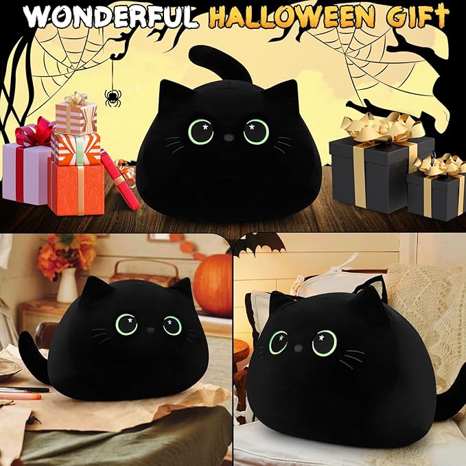 19'' Black Cat Plush Toy- Giant Black Cat Stuffed Animal, Large Black Cat Plushie Kawaii PlushiesGreen Star Eyes Cat Plush Pillow, Black Cat Decor Plush Toys Plushie Christmas Birthday Gift for Kids