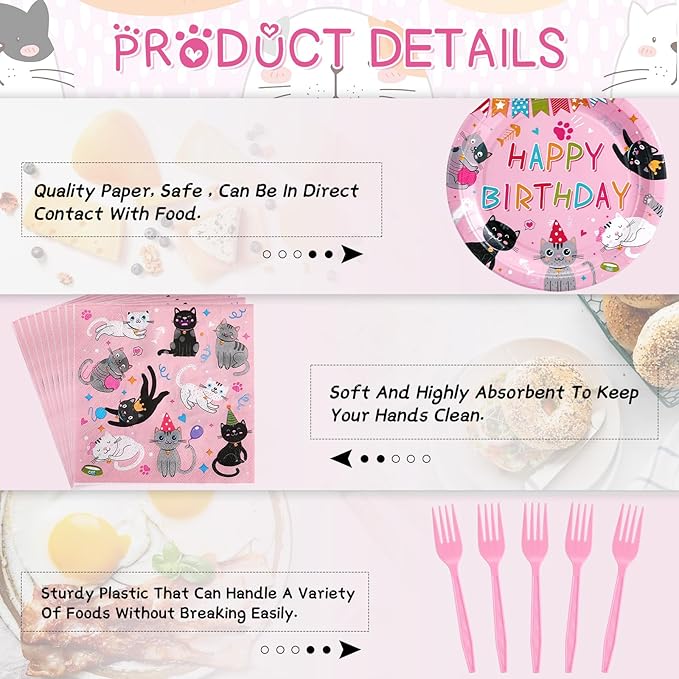 122 Pcs Cat Birthday Party Supplies Disposable Cat Themed Tableware Include 24 Dinner Plates 24 Dessert Plates 50 Paper Napkins 24 Forks Kitten Birthday Party Decoration for 24 Guests(Pink)