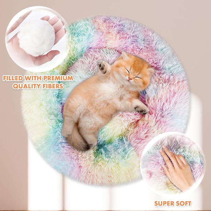 ShellKingdom Cat Beds for Indoor Cats, 24 inch Large Dog Bed for Small Medium Large Dogs, Cute Round Fluffy Plush Pet Bed for Puppy Kitten, Self Warming Calming Soft Donut Cat Bed, Rainbow