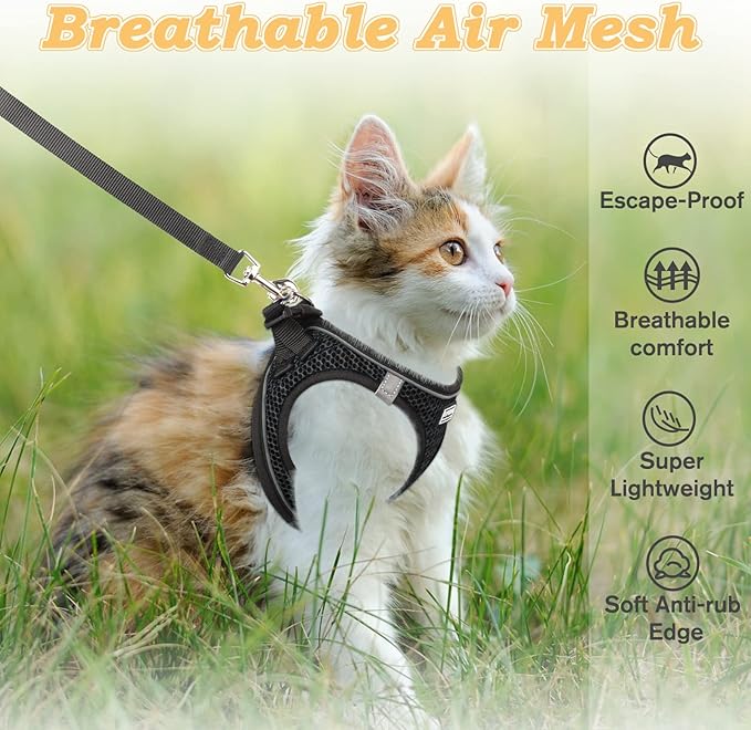 Cat Harness and Leash for Walking Escape Proof, Adjustable Kitten Vest Harness Reflective Soft Mesh Puppy Harness for Outdoor, Comfort Fit, Easy to Control (Black, L)