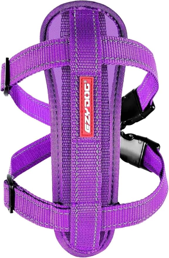 EzyDog Premium Chest Plate Custom Fit Reflective No-Pull Padded Comfort Dog Harness - Perfect for Training, Walking, and Control - Includes Car Restraint Attachment (Large, Purple)