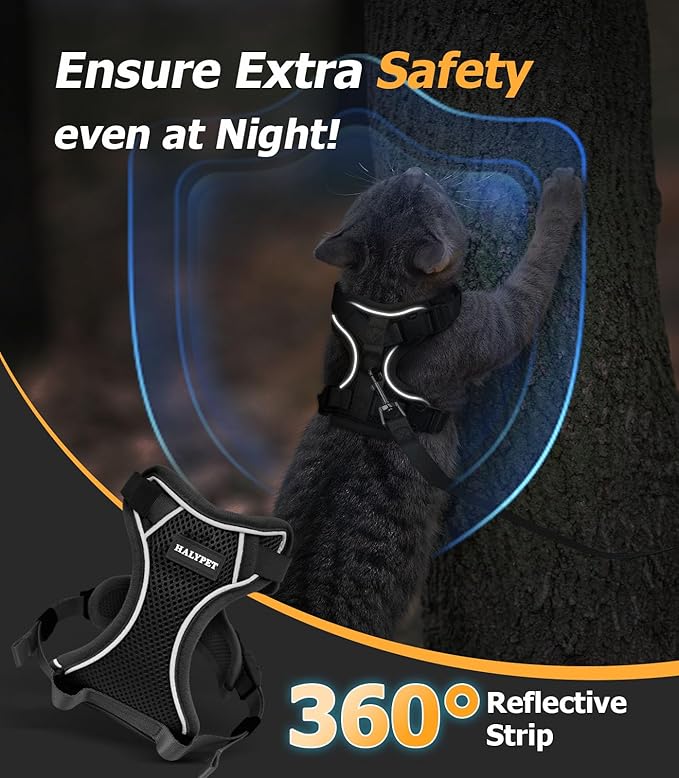 Halypet Cat Harness and Leash Set [MAX Safety 4th-Gen Upgrade] Escape Proof Adjustable Cat Leash Comfortable Soft Vest Easy to Wear Kitten Harness with Reflective Strip for Cats Walking, S Black