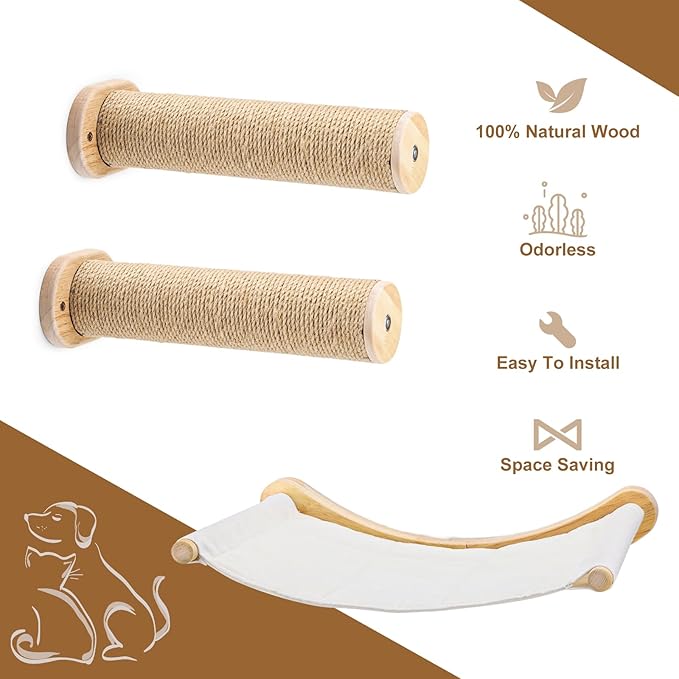 Cat Wall Furniture, 3 Pack Cat Wall Shelves Set, Solid Rubber Wood Cat Wall Steps and Hammock for Sleeping, Playing, Scratching, Climbing