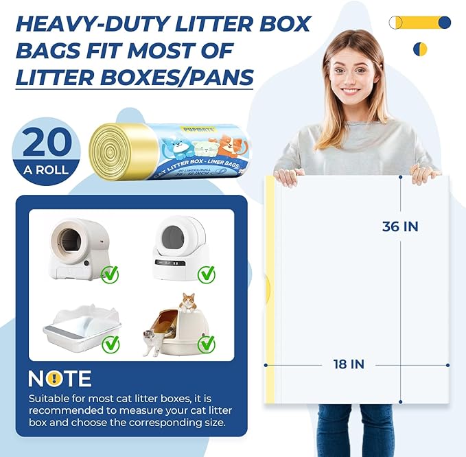40 Count Large Cat Litter Box Liners, 36" x 18" Jumbo Heavy Duty Liner Bags with Drawstring, Scratch-Resistant, Leak Proof, Pet Kitty Pan Trays Waste Bags