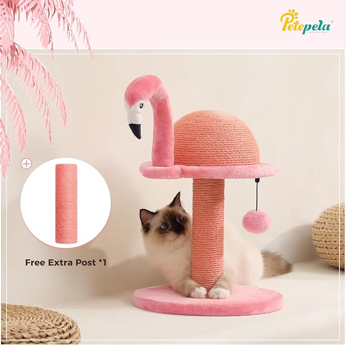 PETEPELA Cat Scratching Post, Pink Cat Scratcher Tree, Flamingos Natural Sisal Cat Scratch Post with Interactive Toy Ball and Extra Replacement Sisal Scratching Pole for Kittens and Small Cats,Pink