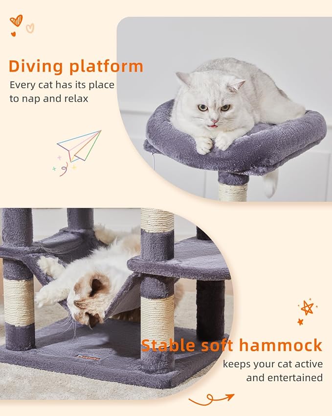 Taoqimiao Cat Tree, 61-Inch Cat Tower for Indoor Cats, Plush Multi-Level Cat Condo with 5 Scratching Posts, 2 Perches, 2 Caves, Hammock, 2 Pompoms, Smoky Gray MS013SG