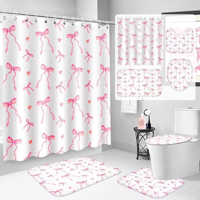 4Pcs Pink Bow Shower Curtains Set, Waterproof, 71”×71“ Washable Bathroom Decor with Non Slip Rugs, Toilet Lid Cover and Bath Mat, Cute Shower Curtain Suitable for Girly and Girls with 12 Hooks