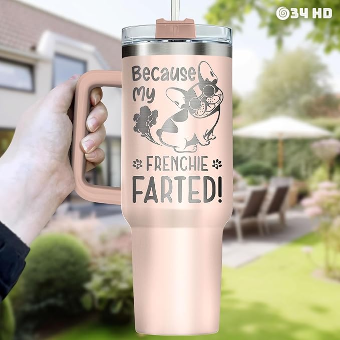 34HD 40oz French Bulldog Tumbler with Handle and Straw, Vacuum Insulated French Dog Coffee Mug with Lid, Birthday Gifts for Pet Owners, Funny Gifts for Dog Mom Mothers Day Women