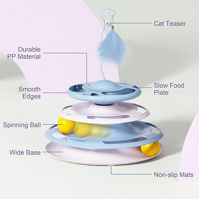 2 in 1 Cat Interactive Toy Roller 3-Level Turntable Cat Toy Ball Track Cat Ball Tower Cat Slow Feeder Food Dispenser Cat Kitten Wand (Green)
