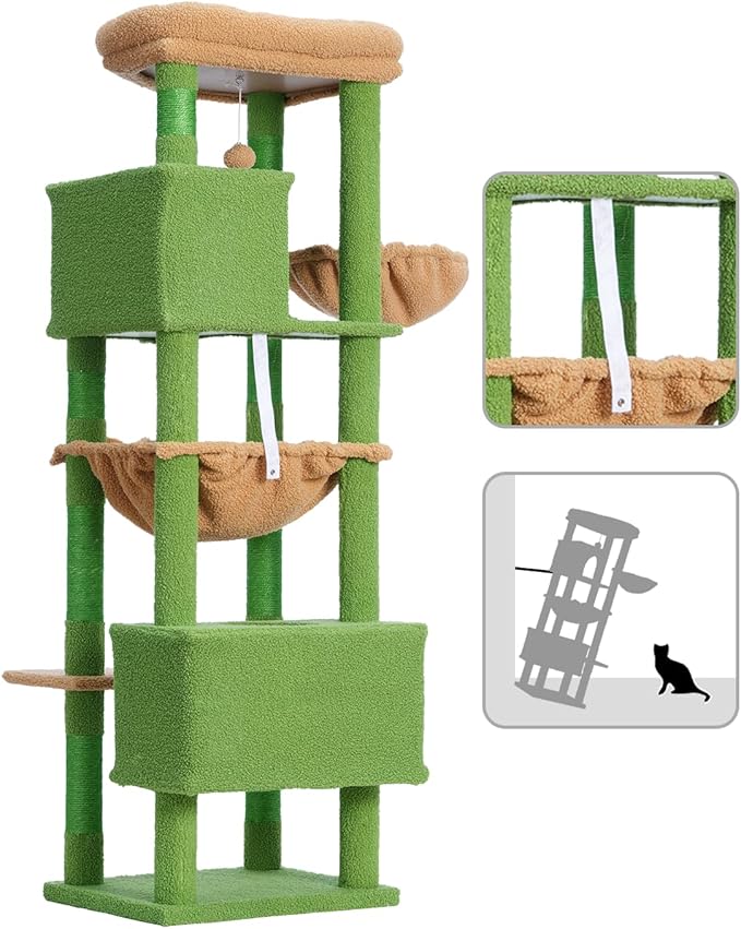 Cat Tree for Indoor Cats Large Adult, 60.2 Cat Tower with Large Platforms, Cat condo, Cat Tree Tower with 8 Cat Scratching Posts, Cat Hammock, Green and Brown GCT030-MGY
