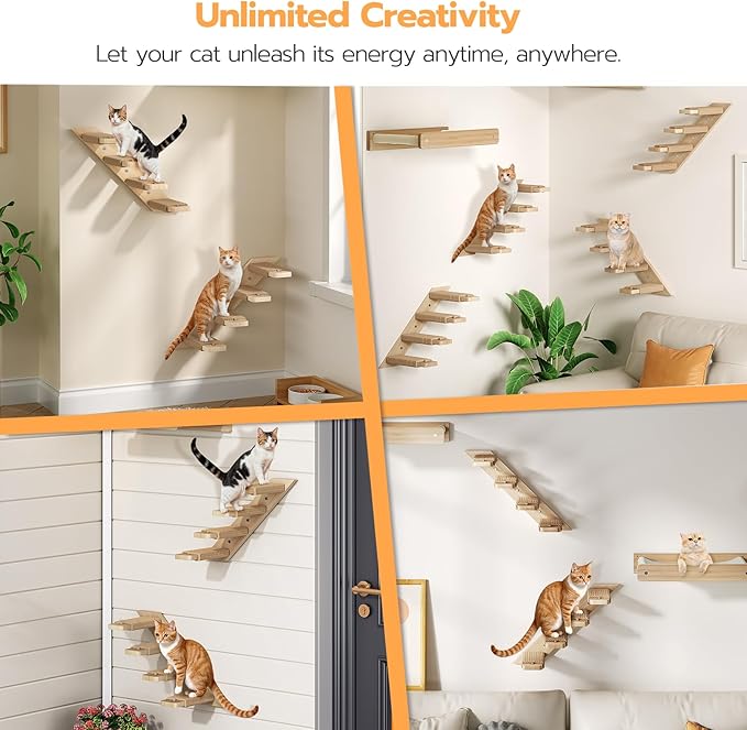 HOOBRO Cat Wall Shelves Set of 2, Wood Wall Mounted 4-Level Cat Ladders, Cat Climbing Shelves with Jute Scratching Steps, Cat Wall Climber Furniture, for Cat Perches and Platforms, Nature NL42CS03