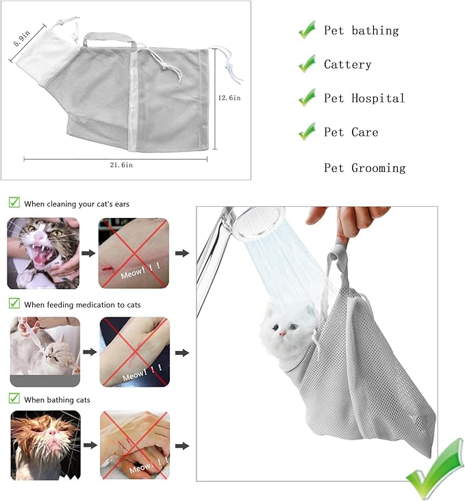 Anti-Scratch Silicone cat Shoes,Cat Claw Covers,Adjustable Multifunctional Anti-Bite Shower net Bag，Cat Grooming Mesh Bag, Pet Medical Shoes,Cat Bathing Bag (Grey)
