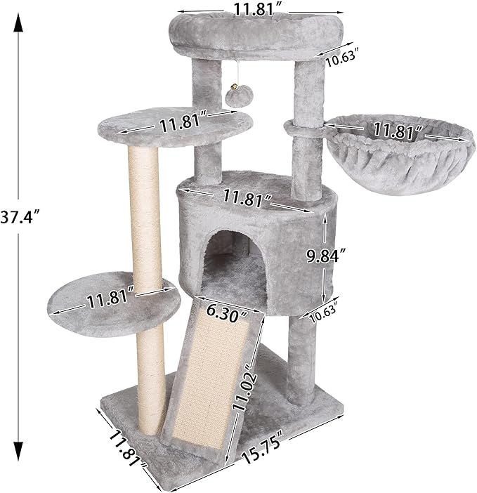 Hey-brother Cat Tree with Scratching Board, Cat Tower with Padded Plush Perch and Cozy Basket, Multi-Platform for Jump, Light Gray MPJ005W