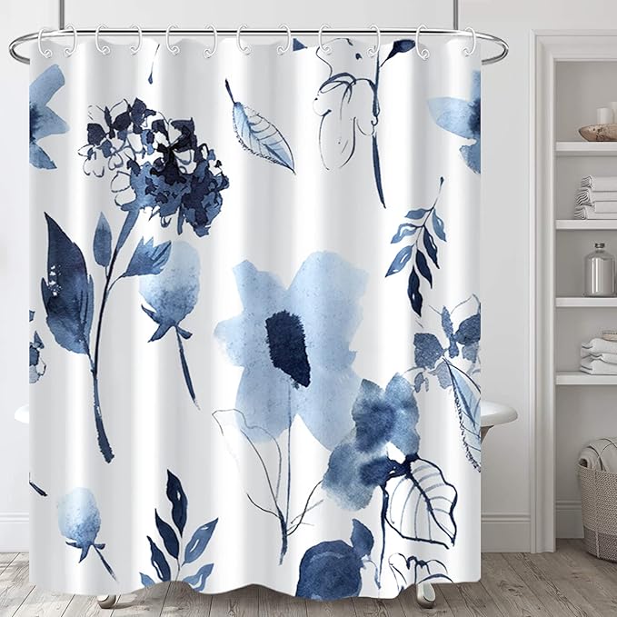 AWERT Blue Floral Shower Curtain - Watercolor Ink Flowers with Hooks - Waterproof Fabric - Bathroom Decor - 72x72inch