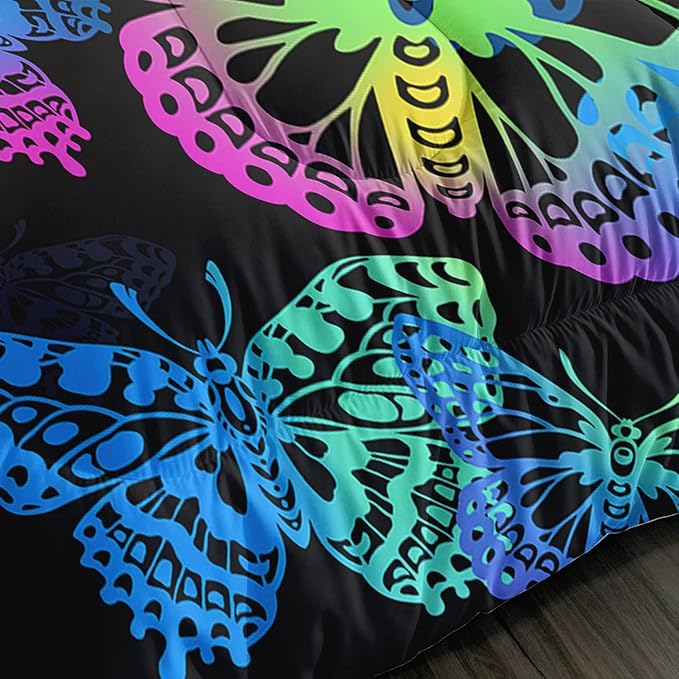Axolotl Colorful Butterflies Bedding Set,Full Size Kids Bed Set,Gradient Butterfly Comforter Set,1 Quilt with 2 Pillowcases for Boys Girls Kids Teens Children Adults Room Decor All Season,Black