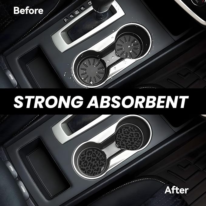 Absorbent Ceramic Car Coasters for Cup Holders, Black Leopard Cheetah Print Design 2.56" Anti Slip Universal Drink Cup Coasters for Women Men (2 Pack)