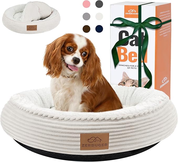 30in Cream Round Cat Dog Bed for Large Medium Small Dogs Cats, Machine Washable Sleeping Sofa, Non-Slip Bottom Breathable Soft Calming Pet Cuddler for Indoor/Outdoor/Car/Cage, Fit up to 45lbs