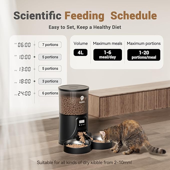Automatic Cat Feeder 2 Cats: Dual Auto Timed Feeder | 16 Cups/4L for Cat & Small Dog Food Dispenser | Dual Power& Easy Clean | 1-6 Meals Portion Control