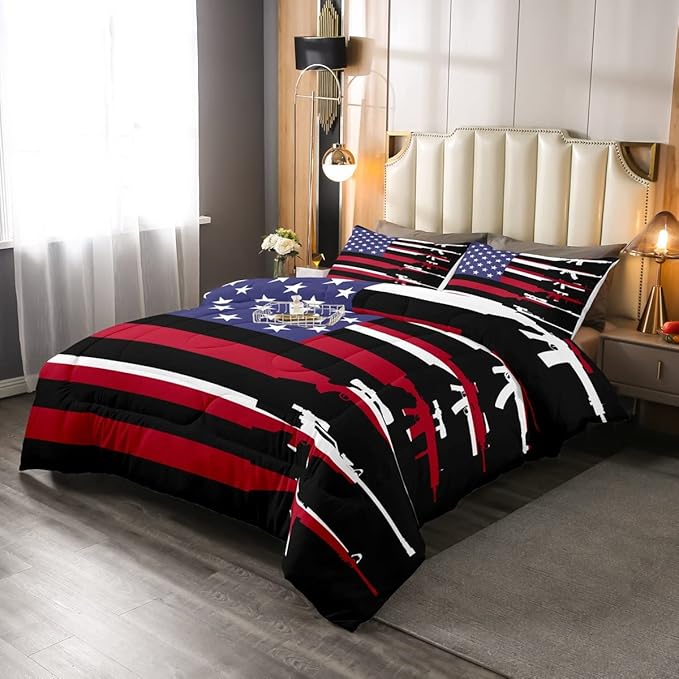American Flag Comforter Set Twin,Army Guns Military Bedding Set for Kids Boys Teens Man,Red Blue Stars Stripe USA Flag Bedding Comforter Soldier Rifle Quilt Duvet Set 1 Pillow Case Bedroom Decor