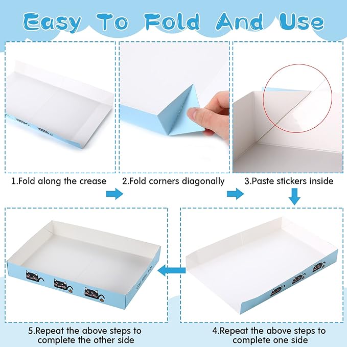 30 Pack Disposable Cat Litter Box Foldable Paper Kitty Tray 13.8x10x2 in Small Lightweight Cardboard Box Water Proof for Indoor Low Entry Easy Disposal Non Clumping Nice Absorption Portable (Blue)