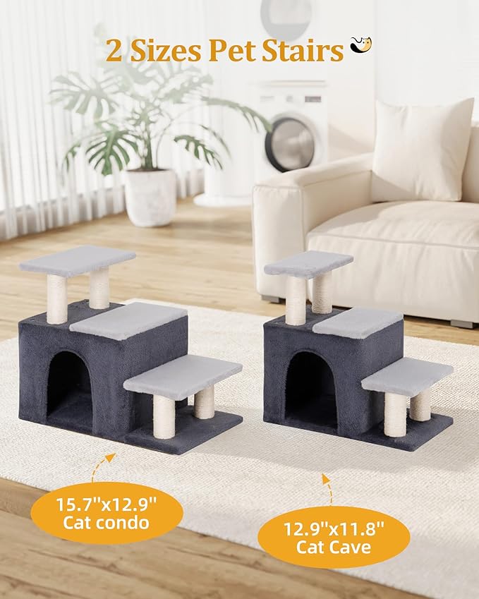 3-in-1 Pet Stairs for Cats, Dog Steps for Small Doggie,7.8'' Depth Cat Stairs,Indoor Cat Ladders for High Bed for Pet's Joints, Soft Plush, 1 Big Cat Condo Cave, Sisal Scratching Posts, Grey, Large