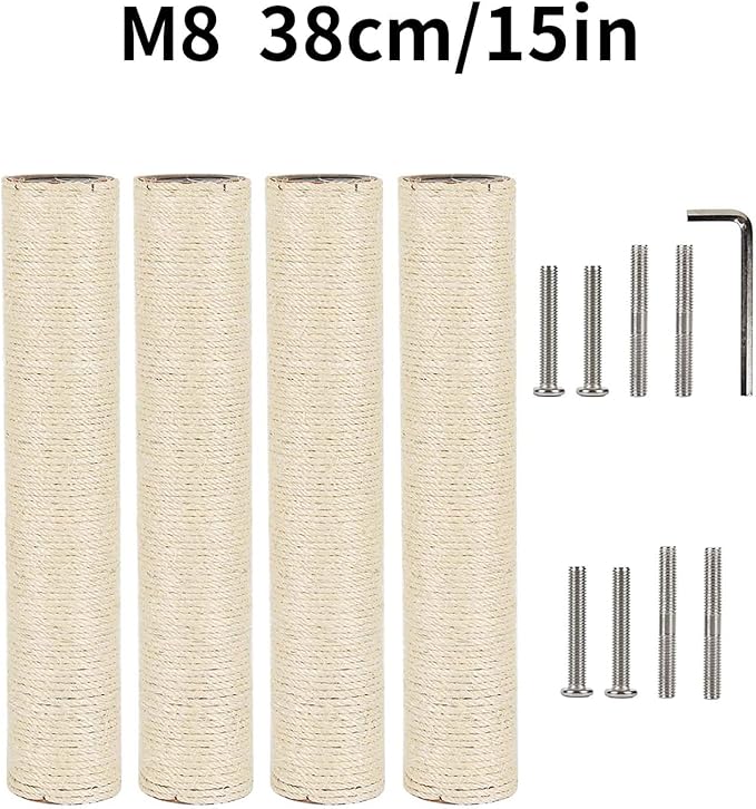 BNOSDM 4 Pcs M8 15”x2.75” Cat Tree Scratching Post Replacement Parts for Indoor Cats Tower Rope Scratch Poles Refill Sisal Pole Part for Refurbishment Hemp Kitty Furniture Accessories Spare