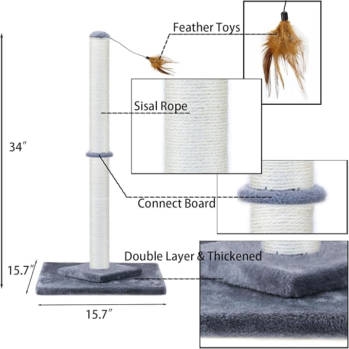 34" Tall Cat Scratching Post Double Base and Reinforcement Design,Sisal Scratch Posts Trees with Feather Toys for Indoor Cats(Gray)