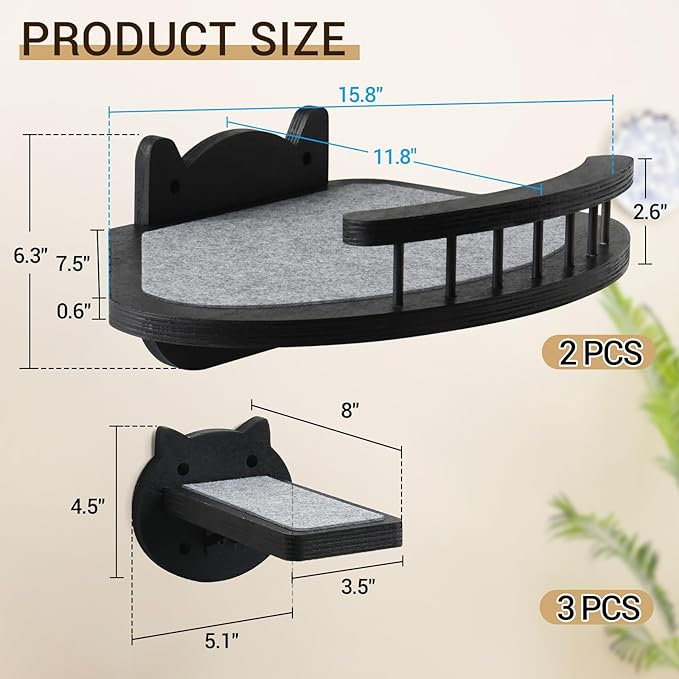 Cat Wall Furniture Wall Mounted, 2PCS Cat Shelves and Cat Perches for Wall with 3 Cat Wall Steps and Scratching Pad, Cat Climbing Condo Fit Cat Up to 15Lbs, Wood Cat Hammock Wall Mount (Black)