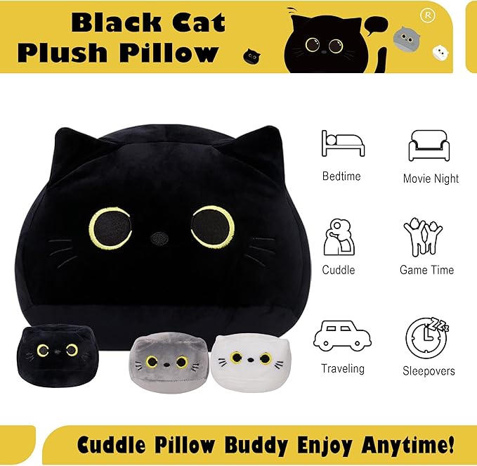 4PCs Black Cat Plush Toy 16'' Black Cat Pillow with 3 Babies, 3D Black Cat Plushies Pillow Baby Cute Plush Toys Shape Cat Design Sofa Fat Pillow Gifts for Boys Girls