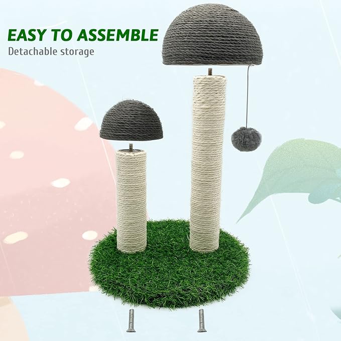 BNOSDM Mushroom Cat Scratcher with 2 Sisal Poles, Cat Scratching Post Pet Interactive Toy Scratch Post with 12 Pcs Cat Toys and Hanging Ball for Indoor Kitten Kitty Small Cats (Grey)
