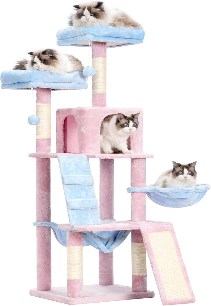 Heybly Cat Tree, Cat Tower for Indoor Cats,Multi-Level Cat Furniture Condo for Cats with Padded Plush Perch, Cozy Basket and Scratching Board,Blue and Pink HCT014BP