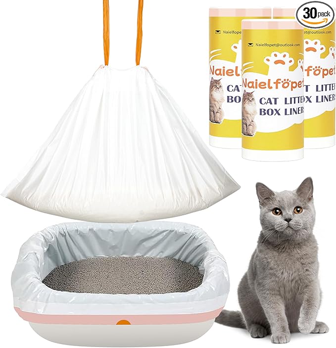 30 Count Litter Box Liners Jumbo 36" x 18", Durable Thicken Drawstring Cat Litter Bags, Extra Large Disposable Kitty Litter Box Bag, Pet Waste Litter Box Tidy