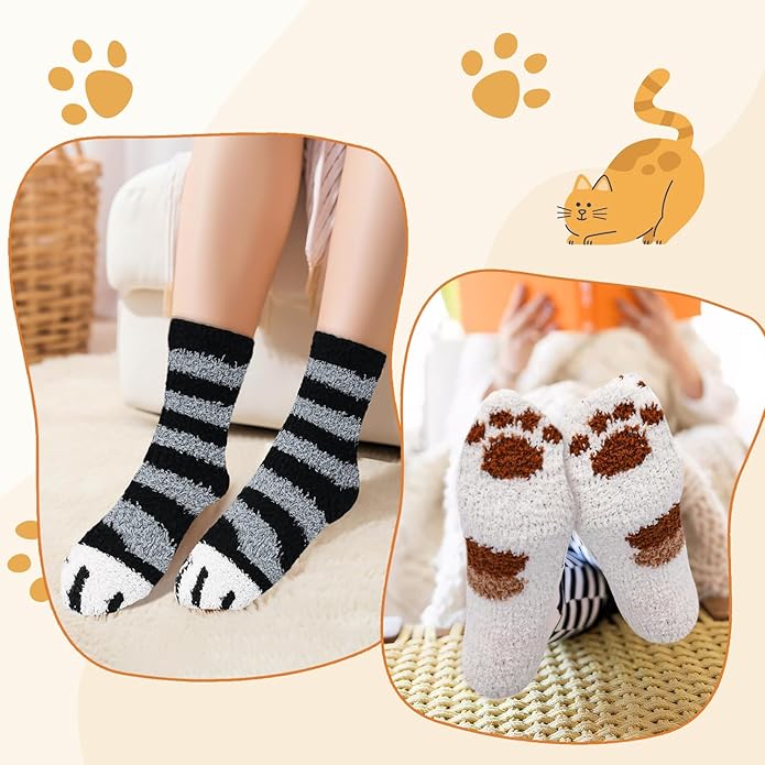 3-6 Pairs Womens Fuzzy Socks Cozy Fluffy Slipper Socks Cute Soft Cat Animal Winter Warm Sleep Socks Gifts