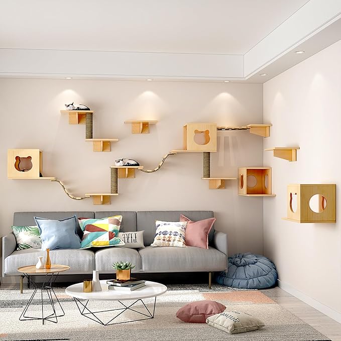 Cat Wall Shelves, Cat Wall Furniture, Cat Shelves and Perches for Wall, Cat Wall Steps Set with 2 Cat Condos House, 6 Cat Wall Shelves, 2Ladder, 1 Sisal Cat Scratching Post (C)