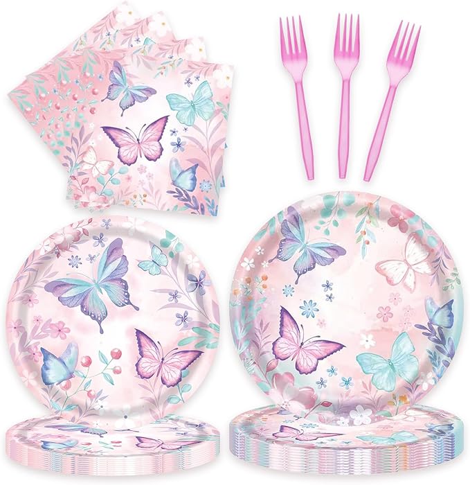 96 Pcs Butterfly Birthday Party Plates Napkins Forks Decorations Tableware Set Supplies Disposable Paper Flower and Butterfly Favors, Serves 24 Guests