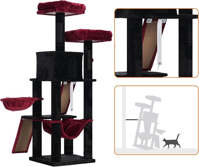 Heybly Gothic Cat Tree, Halloween Cat Tower for Indoor Cats,Multi-Level Cat Furniture Condo for Cats with Padded Plush Perch, Cozy Basket and Scratching Board,Black and Red HCT014BR