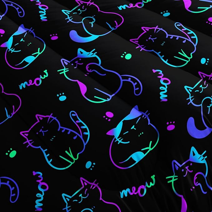 3D Neon Cat Kids Comforter Set,Gradient Line Cat Toddler Comforters King Size for Teens Kids Boys Girls Room Decoration,Black Kawaii Bedding Sets with 2 Pillowcases.