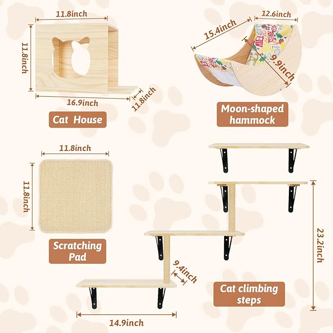 Cat Wall Shelves, 5pcs Cat Wall Furniture, Wooden Cat Wall Shelves and Cat Perch Set with Cat House, Cat Hammock, Cat Climbing Steps, Sisal Cat Scratching Post Ladder, Cat Scratcher Board Wall Mounted
