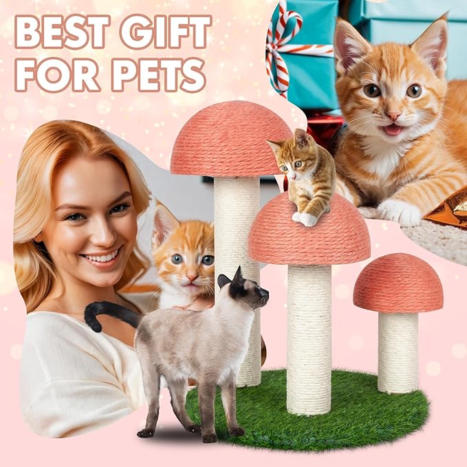 PowerKing Cat Scratching Post, Mushroom Claw Scratching Post for Cat, Natural Sisal Cat Scratchers with 3 Mushroom Pole, Cat Interactive Toys
