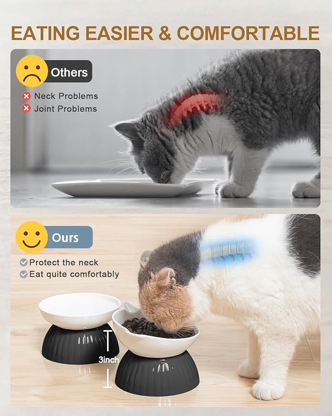 2 Ceramic Raised Cat Food Bowls, Elevated Cat Food and Water Bowl Set, Pet Bowl for Indoor Cats and Small Dogs, Anti-Vomiting Cat Dog Feeder with Plastic Base, Dishwasher Safe, Black…