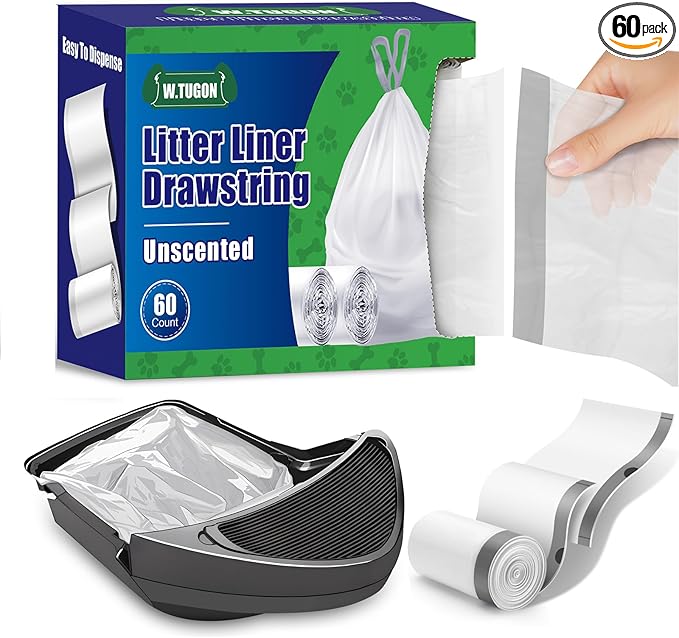 60 Pack Litter Box Robot 3 and 4 Waste Bags, 2.5 Mils Extra Thick Litter Box Liner, Box Drawstrings Closure Waste Bags for Self-Cleaning Litter Box, 10 Gallons