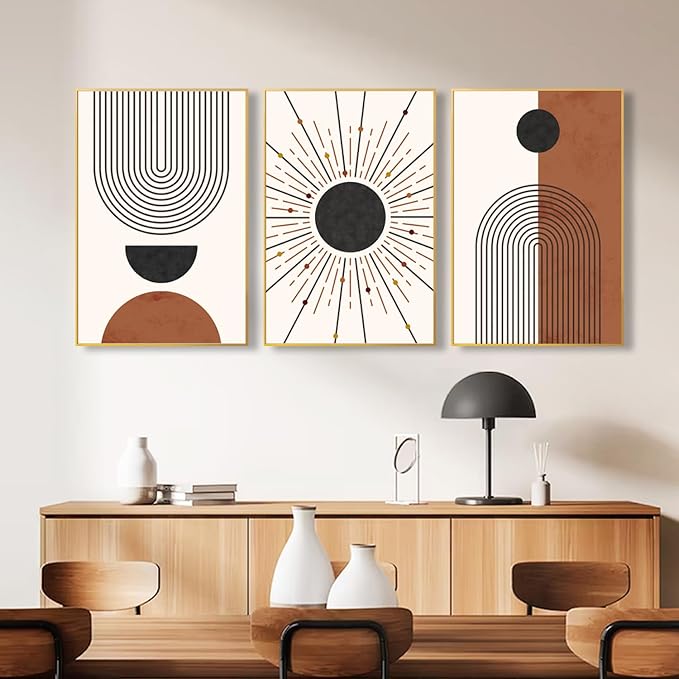 Ausril Minimalist Boho Framed Canvas Wall Art Set, Neutral Geometric Line Sun Wall Decor, Mid Century Wall Painting, Abstract Modern Bohemian Art Print for Living Room, Bedroom, Office -24"x36"x3