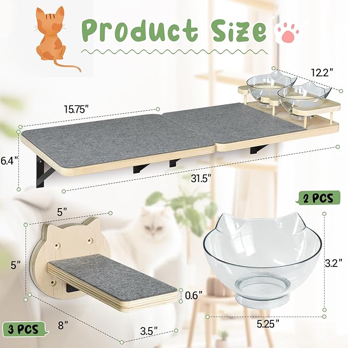 Cat Wall Shelves Set of 2, Cat Shelves and Perches for Wall, Cat Shelves Wall Mount for Large Cat, Cat Wall Furniture with 3 Cat Wall Steps, Cat Climbing Shelf, Cat Wall Shelf with 2 Cat Food Shelf