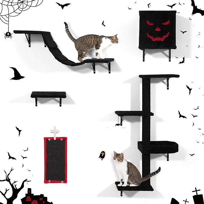 COZIWOW Cat Wall Shelves, Wall-Mounted Cat Climber Set of 5, Floating Cat Perches, Hanging Cat Beds, Modern Cat Furniture for Large Cats or Kitty (Gothic)
