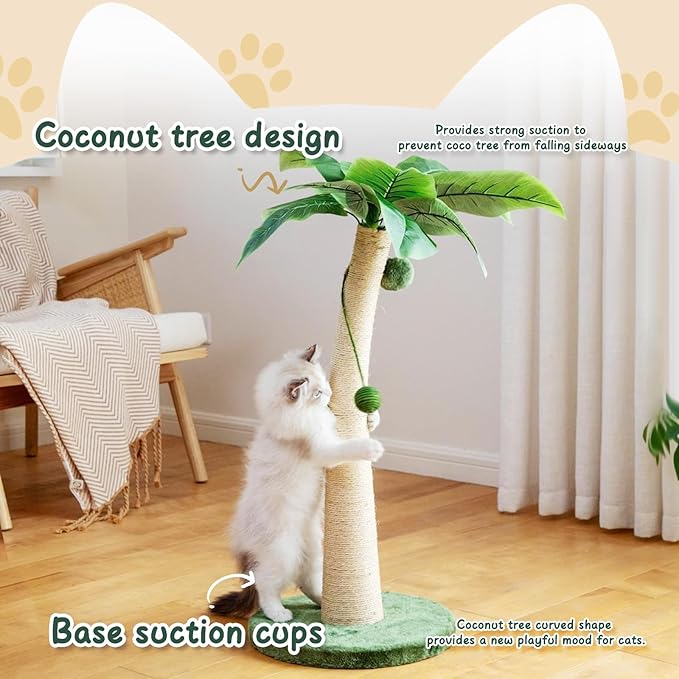 37 Inches Cat Scratching Post, Large Cat Scratching Post, Sisal Scratcher with 3 Hanging Pompoms for Indoor Cats (Short Round Base)