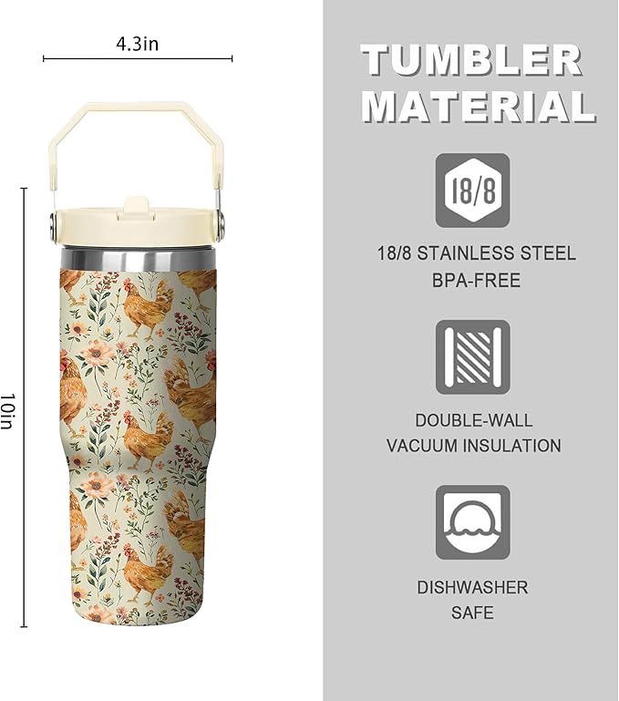 30 Oz Chicken Tumbler with Handle and Straw, Insulated Rooster Cup Gifts for Chicken Lovers Women, Double Wall Stainless Steel Chicken Mugs, Chicken Travel Mug Chicken Gifts for Women