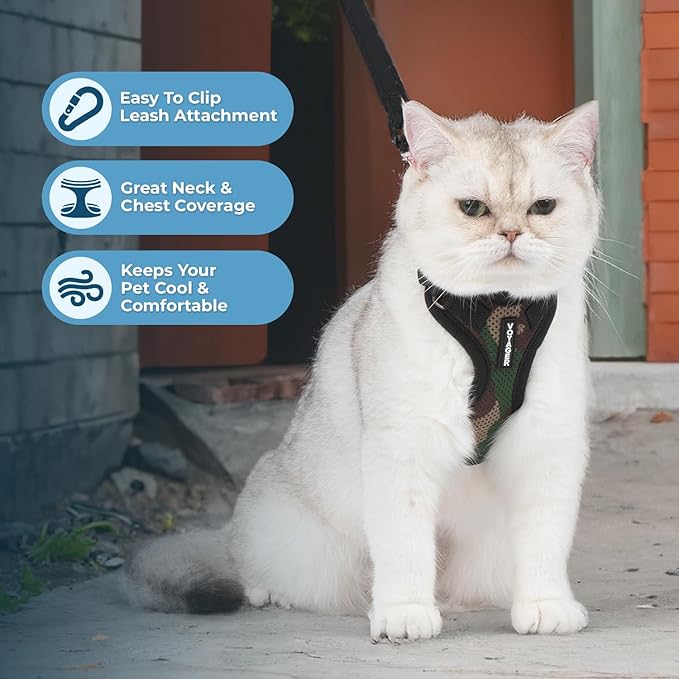 Voyager Step-in Lock Adjustable Cat Harness w. Cat Leash Combo Set with Neoprene Handle 5ft - Supports Small, Medium and Large Breed Cats by Best Pet Supplies - Army/Black Trim, XS