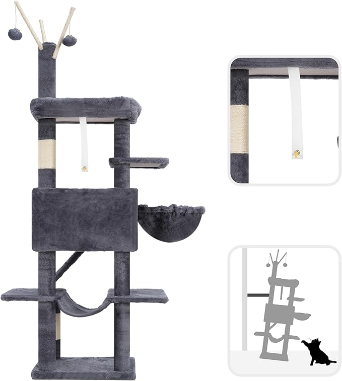 Cat Tree, 63 inch Multi-Level Cat Tower for Indoor Cats, Cat Condo with Cat Scratching Post and Board, Cat Hammock, Smoky Gray GCT011G
